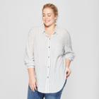 Women's Plus Size Striped Long Sleeve Tie Front Shirt - Universal Thread White/blue