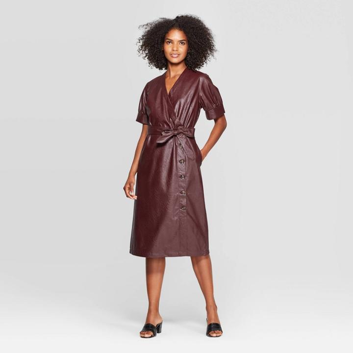 Petitewomen's Short Sleeve V-neck Wrap Front A Line Midi Dress - Who What Wear Burgundy