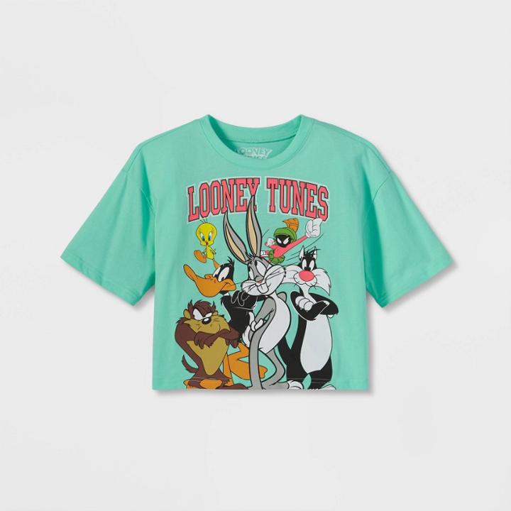 Looney Tunes Girls' Looney Toons Cropped Short Sleeve Graphic T-shirt - Green