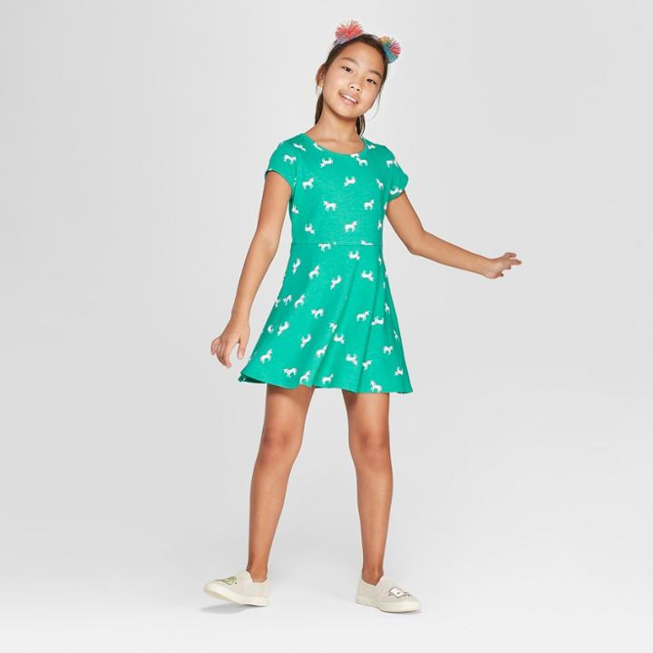 Girls' Short Sleeve Unicorn Print A Line Dress - Cat & Jack Green