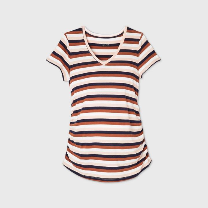 Maternity Striped Short Sleeve V-neck Side Shirred T-shirt - Isabel Maternity By Ingrid & Isabel