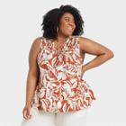 Women's Plus Size Floral Print Sleeveless Smocked V-neck Top - A New Day Rust