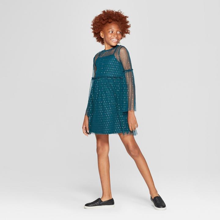 Girls' Long Sleeve Mesh Tunic Dress - Art Class Teal