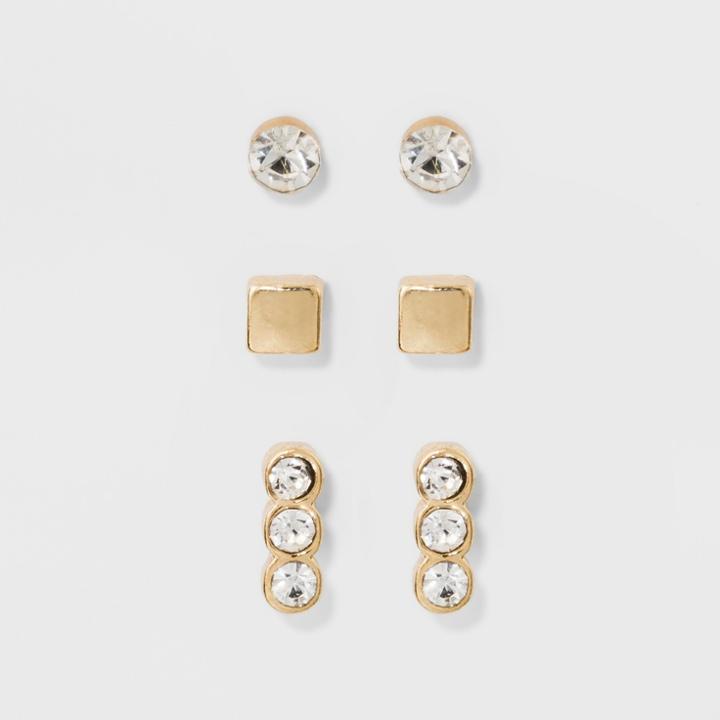 Stone, Cube, And Pave Bar Earring Set 3ct - A New Day Gold/clear, Size: Small,