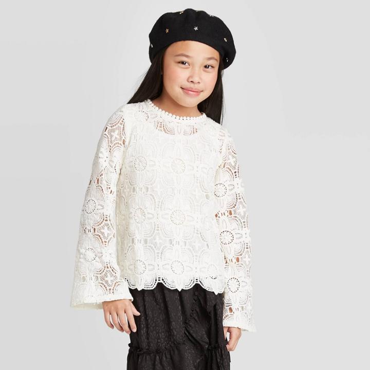 Girls' Long Sleeve Lace Top - Art Class White