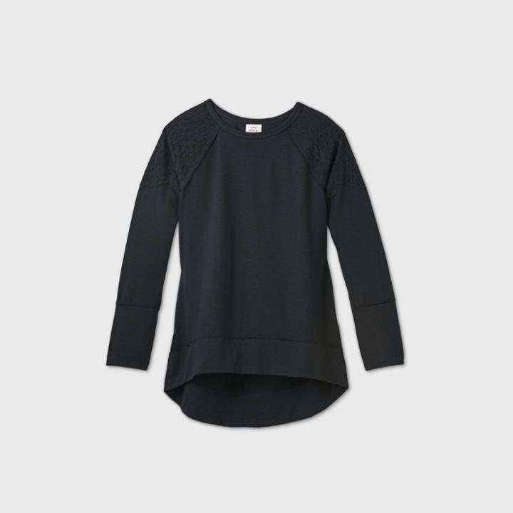 Women's Long Sleeve Lace Detail Knit Top - Knox Rose Black