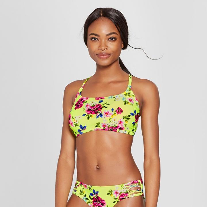 Women's Scoop Neck Bralette Bikini Top - Xhilaration Neon Floral D/dd Cup, Yellow