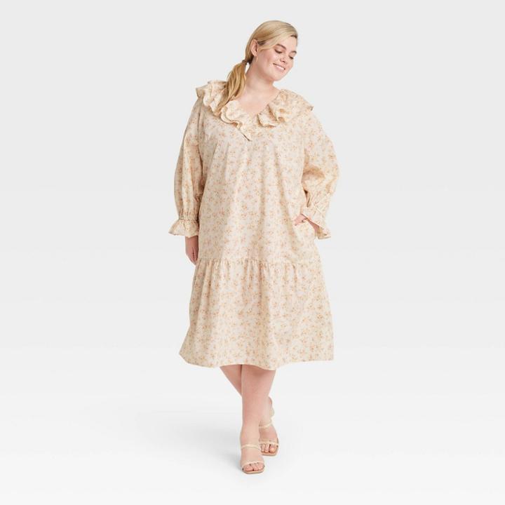 Women's Plus Size Balloon Long Sleeve Dress - Who What Wear Cream Floral 1x, Ivory Floral