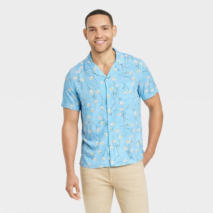 Men's Short Sleeve Button-down Camp Shirt - Goodfellow & Co Turquoise Blue