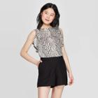 Women's Snake Print Short Sleeve Scoop Neck Blouse - A New Day Beige