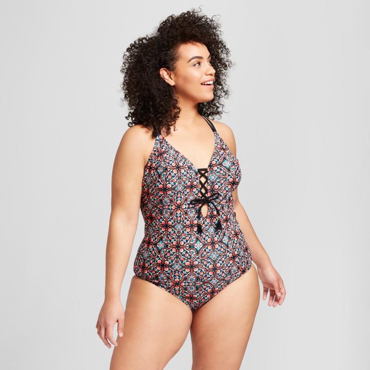 Costa Del Sol Women's Plus Size Lace-up Tassle One Piece - Black X