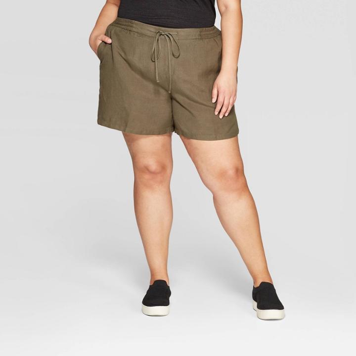 Women's Plus Size Drawstring Linen Shorts - Ava & Viv Olive (green)