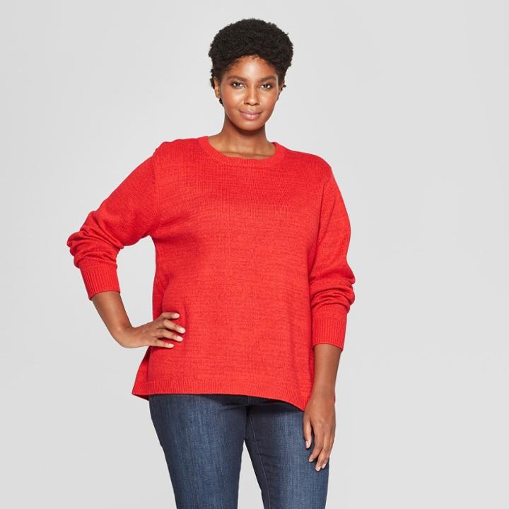 Women's Plus Size Crew Neck Pullover Sweater - Ava & Viv Red