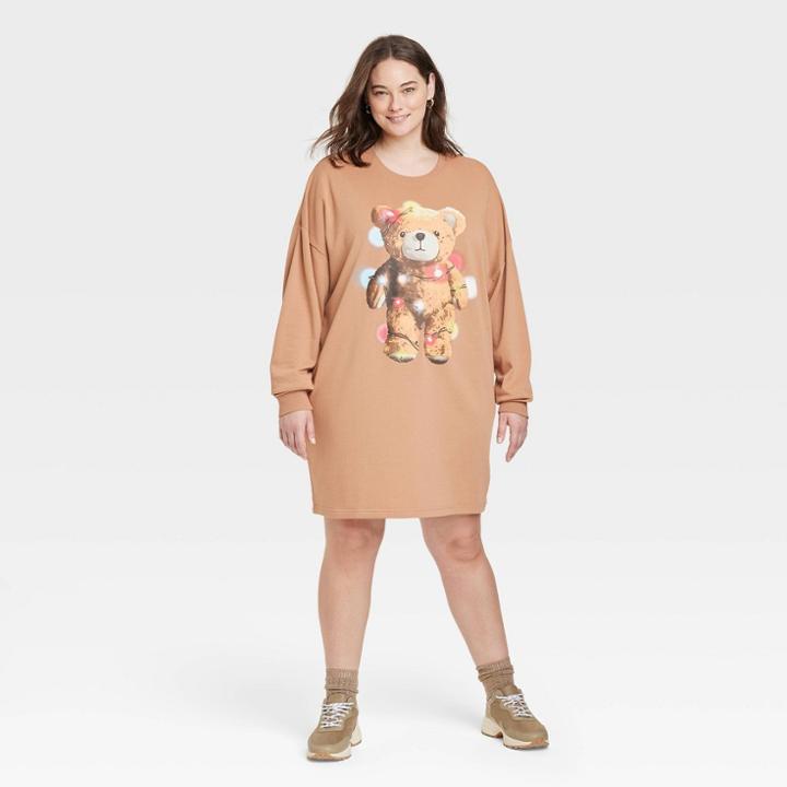 Grayson Threads Women's Plus Size Festive Teddy Bear Long Sleeve Graphic Dress - Brown