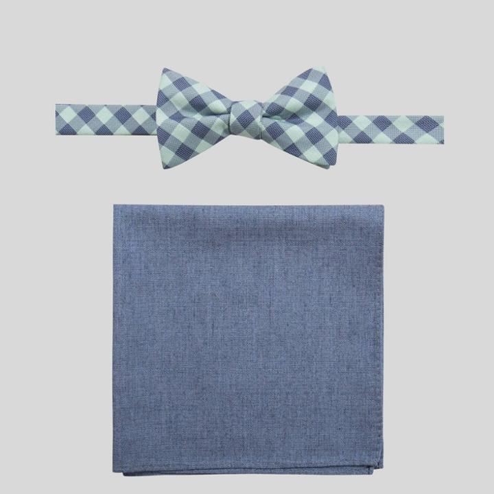 Men's Gingham Chambary Bowtie And Pocket Square Set - Goodfellow & Co Mint One Size,