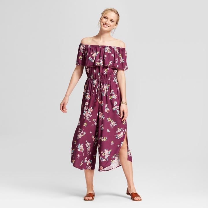 Women's Floral Print Off The Shoulder Flounce Top Jumpsuit - Xhilaration Burgundy