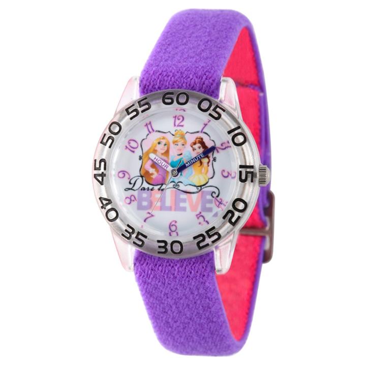 Girls' Disney Princess Cinderella-rapunzel And Belle Clear Plastic Time Teacher Watch - Purple