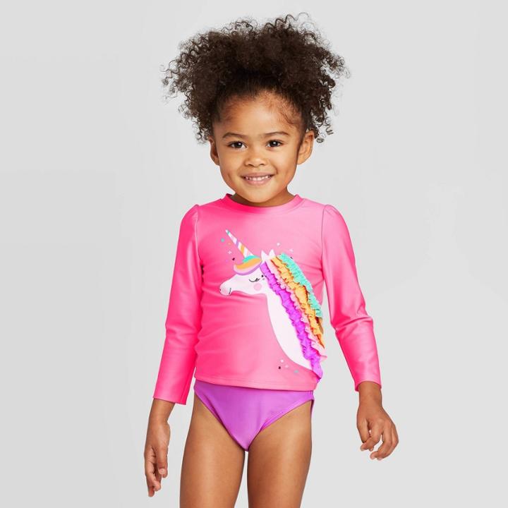 Toddler Girls' Ruffle Unicorn Long Sleeve Rash Guard With Skirted Bottom - Cat & Jack Pink 18m, Toddler Girl's