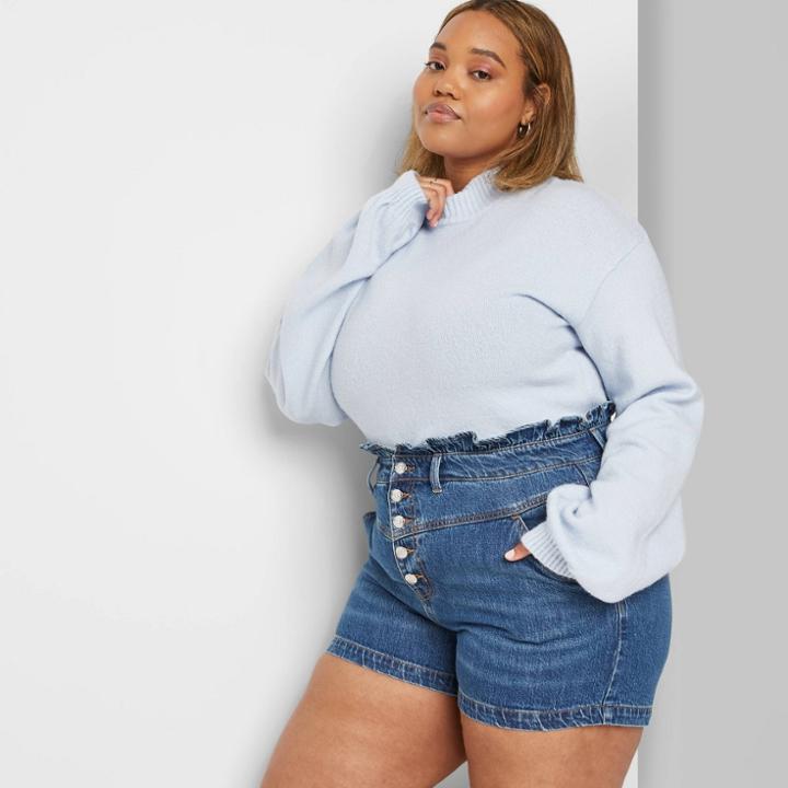Women's Plus Size High-rise Belted Paperbag Waist Jean Shorts - Wild Fable Medium Wash 14w, Women's, Blue