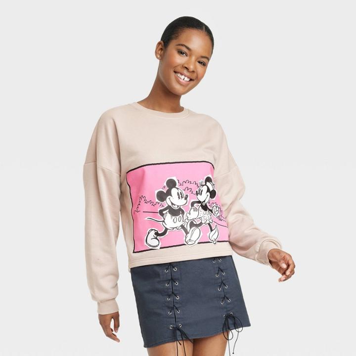 Women's Disney Mickey And Minnie Graphic Sweatshirt - Tan
