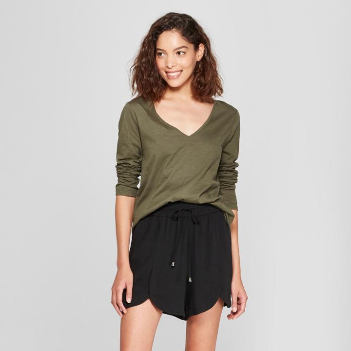 Women's Slim Fit Long Sleeve Vintage V-neck T-shirt - A New Day Dark Green