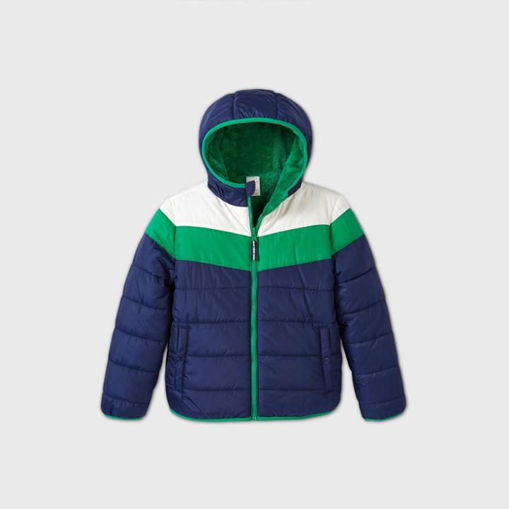 Boys' Reversible Puffer Jacket - Cat & Jack Navy/green/white Xs, Green/blue/white