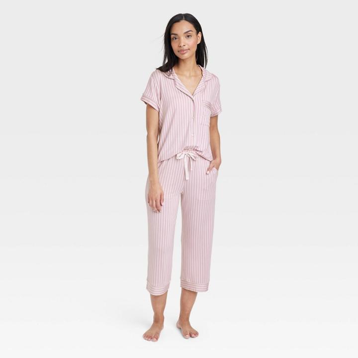 Women's Beautifully Soft Short Sleeve Notch Collar Top And Pants Pajama Set - Stars Above Pink