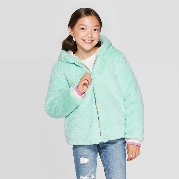 Girls' Unicorn Hooded Faux Fur Jacket - Cat & Jack Green
