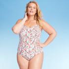 Women's Plus Size Smocked One Piece Swimsuit - Kona Sol White Floral 14w, Women's,