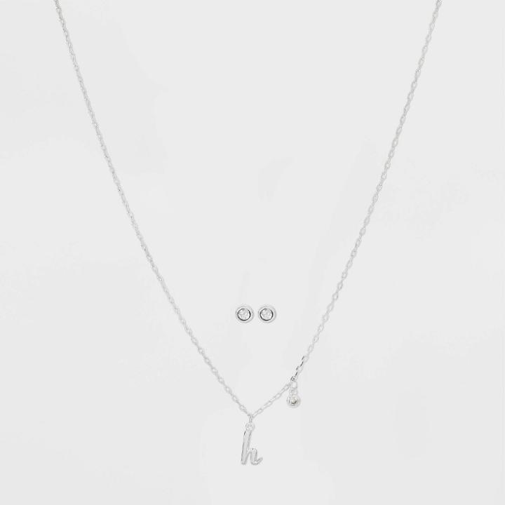 Silver Plated Cubic Zirconia Initial 'h' Chain Pendant Necklace And Earring Set - A New Day