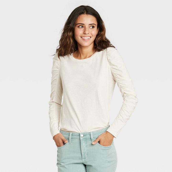 Women's Long Sleeve Ruched T-shirt - Universal Thread Cream