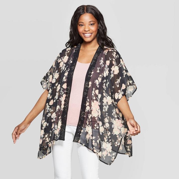 Women's Floral Print Short Sleeve Lace Trim Sheer Kimono - Xhilaration Black