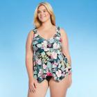 Kona Sol Women's Plus Size Plunge V-neck Bow Sharkbite Tankini Top - Kona