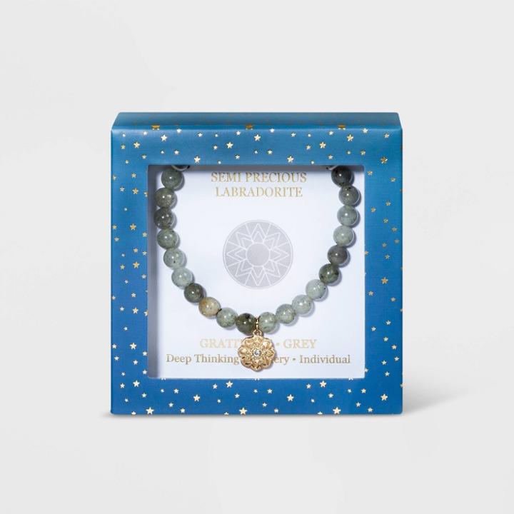 No Brand Semi-precious Labradorite Beads And Mandala Stretch Bracelet - Gray