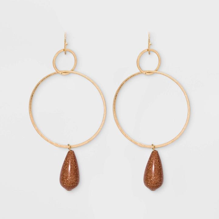 Semi-precious Goldstone Wire Circle With Beaded Teardrop Earrings - Universal Thread Gold, Women's