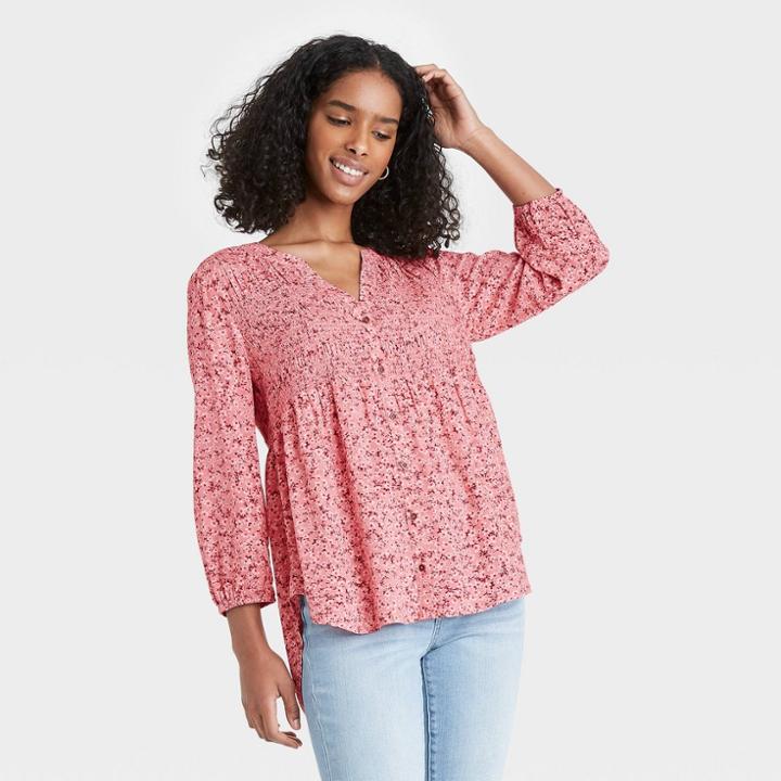 Women's Paisley Print Long Sleeve Smocked Button-down Top - Knox Rose Pink