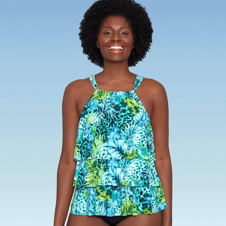 Women's Slimming Control High Neck Tiered Tankini Top - Dreamsuit By Miracle Brands Tropical Print