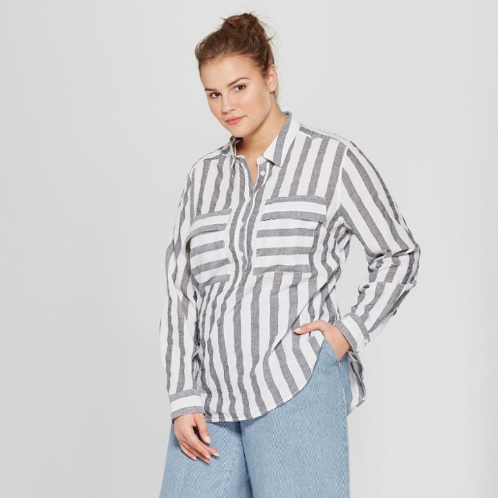 Women's Plus Size Striped Long Sleeve Henley Top - Who What Wear Black/white X