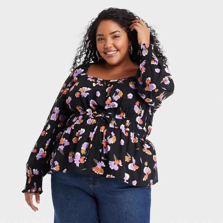 Women's Plus Size Long Sleeve Peplum Top - Ava & Viv Black Floral X