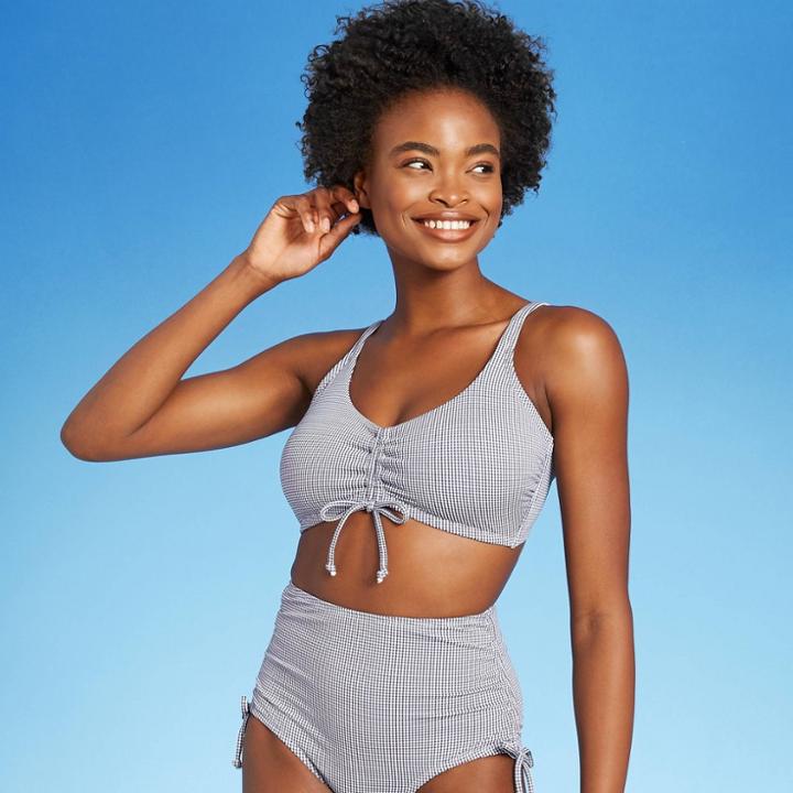 Women's Gingham Cinch Front Bikini Top - Kona Sol Navy D/dd Cup, Blue