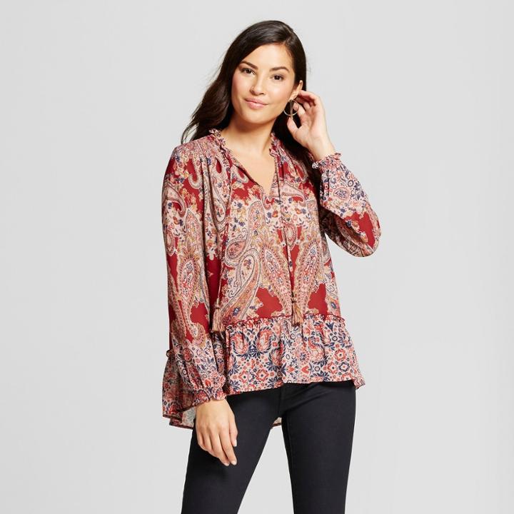 Women's Sheer Paisley Ruffle Neck Top - Knox Rose Mulled Wine