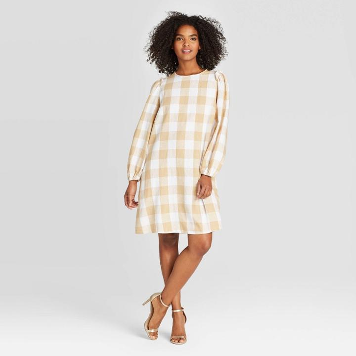 Women's Plaid Long Sleeve Shift Dress - Who What Wear Beige
