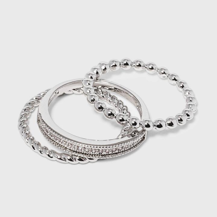 Distributed By Target Women's Cubic Zirconia Band-small Rope Band And Med Bead Band Silver Plated