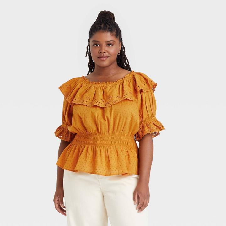 Women's Plus Size Ruffle Short Sleeve Eyelet Peplum Blouse - Universal Thread Gold
