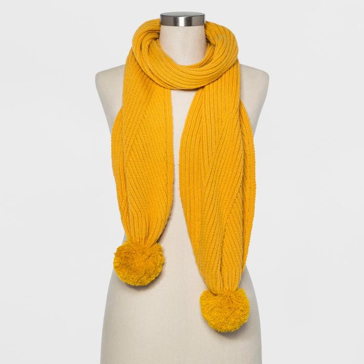 Women's Ribbed Poms Scarf - A New Day Mustard (yellow)