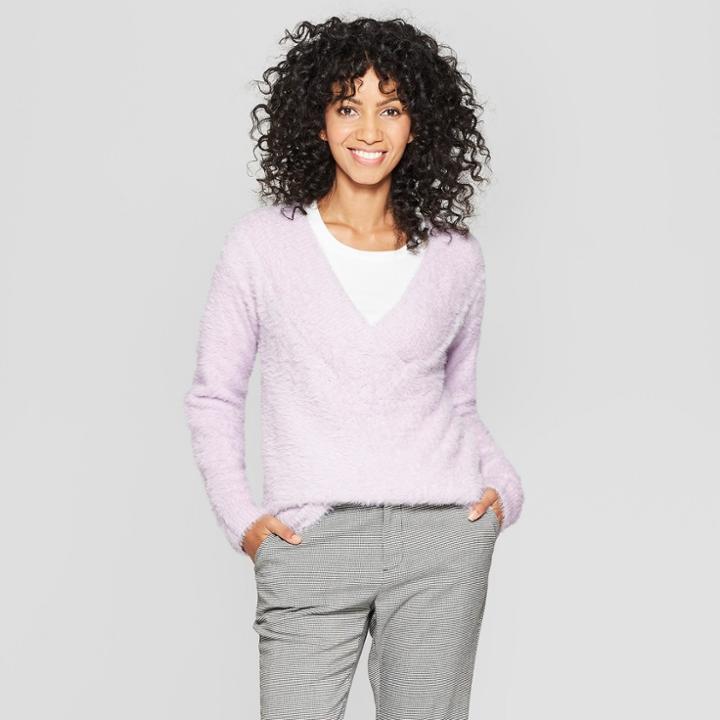 Women's V-neck Eyelash Pullover Sweater - A New Day Lavender (purple)