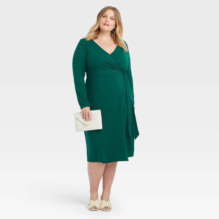 Women's Plus Size Long Sleeve Knit Wrap Dress - Ava & Viv Green