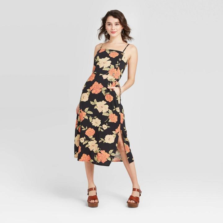 Women's Floral Print Sleeveless Side Button Midi Dress - Xhilaration Black