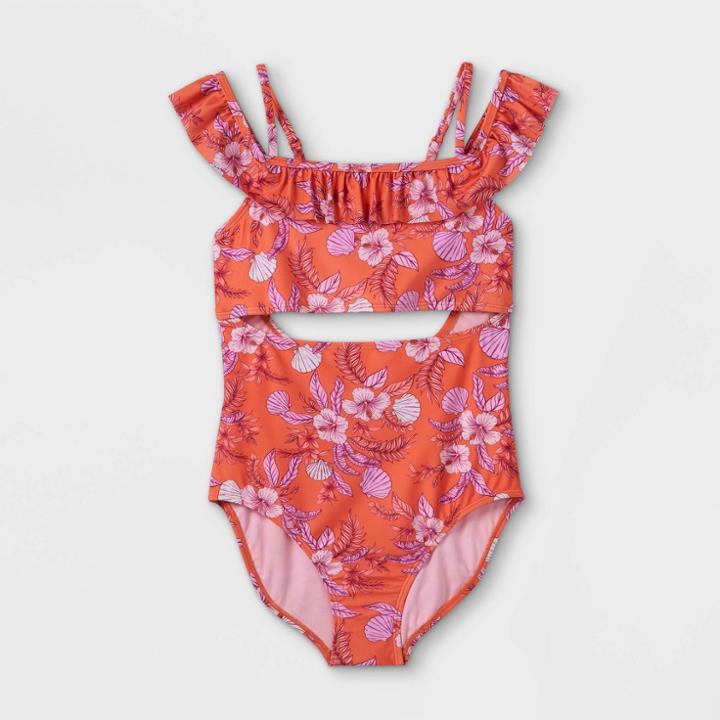 Girls' Floral Print Off Should One Piece Swimsuit- Art Class