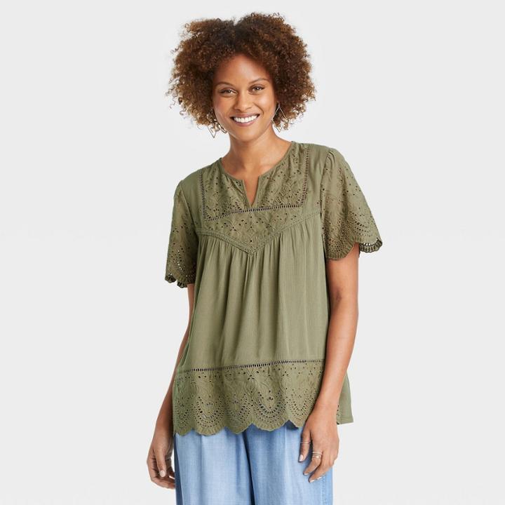 Women's Short Sleeve Eyelet Shirt - Knox Rose Olive
